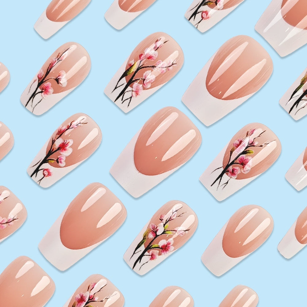 False French Tip Nails with Plum Blossom Design