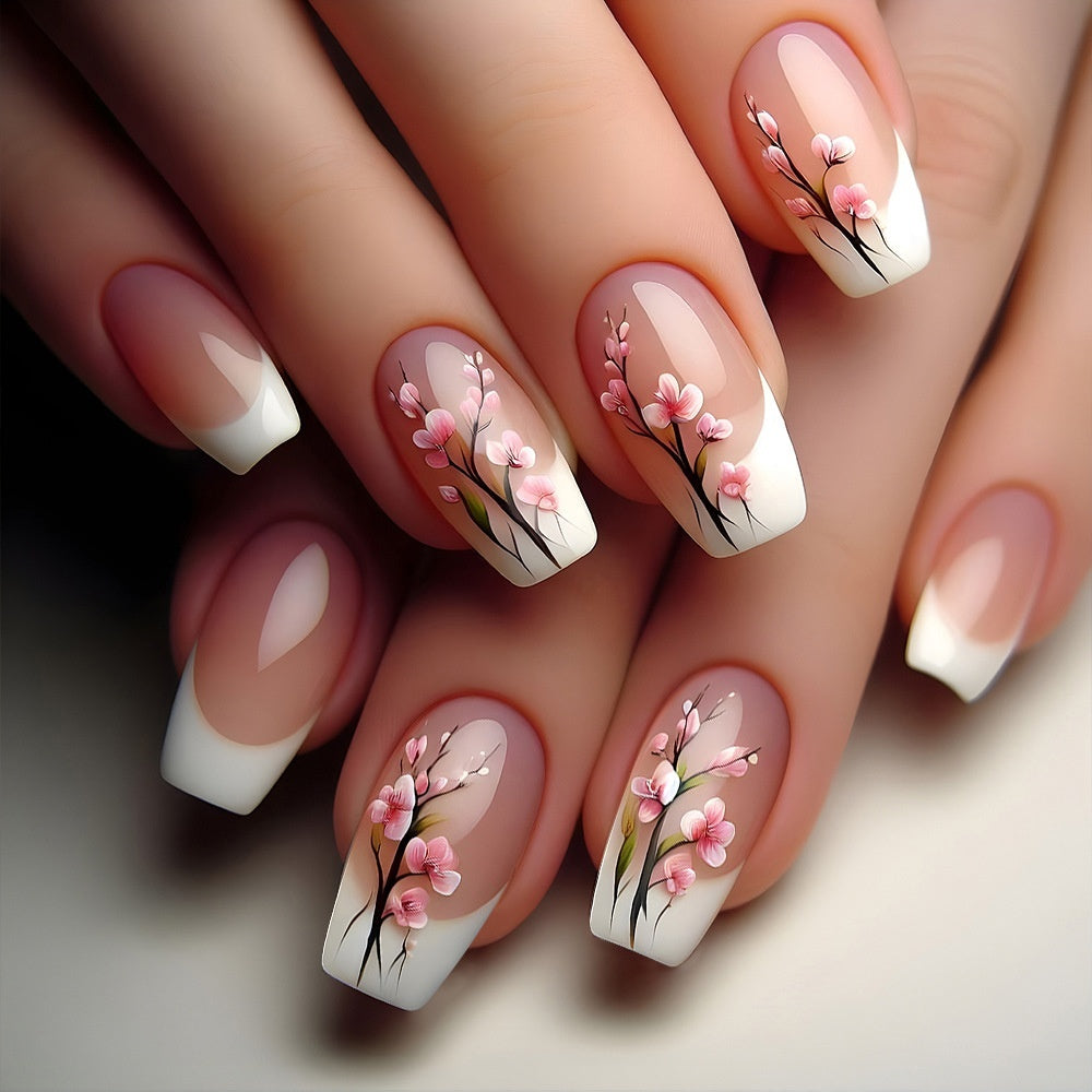 False French Tip Nails with Plum Blossom Design