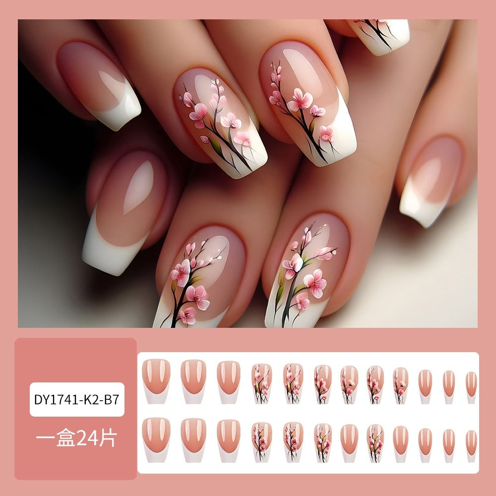 False French Tip Nails with Plum Blossom Design