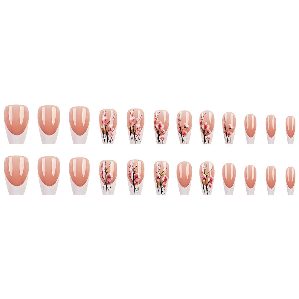 False French Tip Nails with Plum Blossom Design