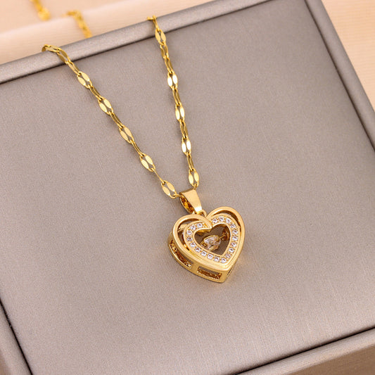 Gold Heart Necklace With Rhinestones